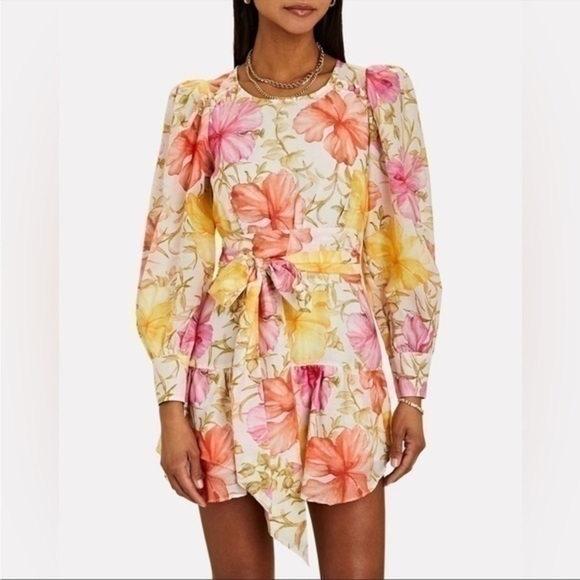 LoveShackFancy Teyana Floral Cotton Silk Mini Summer Yellow Pink Dress Size 8